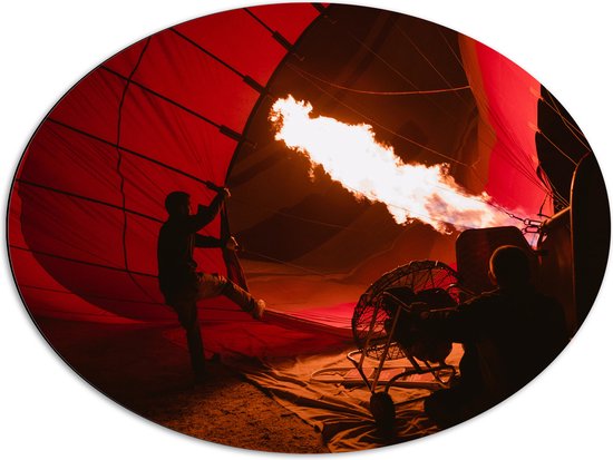 Dibond Ovaal - Vuur in Doek van Rode Luchtballon - 80x60 cm Foto op Ovaal (Met Ophangsysteem)