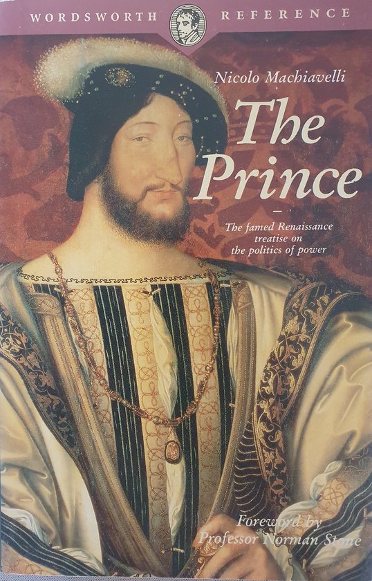 Portret van Nicolo Machiavelli op de cover van "The Prince". Hij draagt een versierd harnas en een parelketting. Tekst: "The Prince"