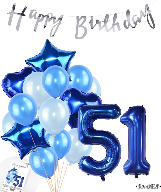 Snoes Ballonnen 51 Jaar Feestpakket – Versiering – Verjaardag Set Mason Blauw Cijferballon 51 Jaar - Heliumballon