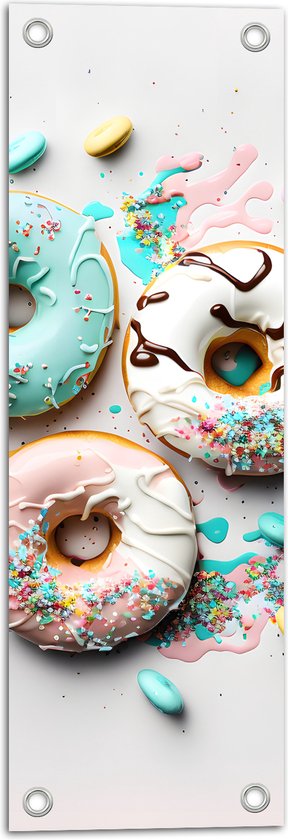 Tuinposter – Donuts met Pastelkleurig Glazuur en Sprinkles - 20x60 cm Foto op Tuinposter (wanddecoratie voor buiten en binnen)