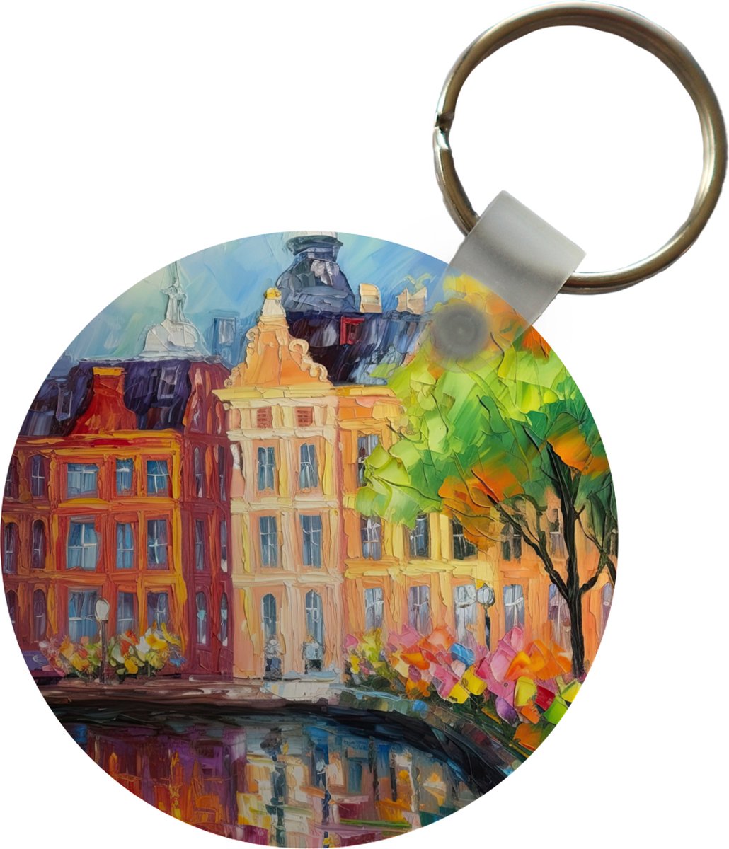 Sleutelhanger - Olieverf - Amsterdam - Kunst - Kleurrijk - Plastic - Rond - Uitdeelcadeautjes