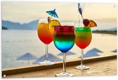 Tuinposter – Kleurrijke Cocktails met Uitzicht op Zee - 120x80 cm Foto op Tuinposter (wanddecoratie voor buiten en binnen)