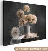 Canvas Schilderij Bloemzaden - Paardenbloem- Vaas - Stilleven - Boeket - 80x60 cm - Wanddecoratie