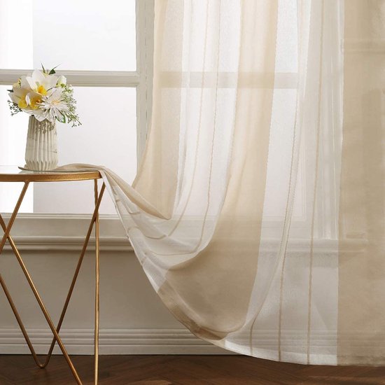 Miulee Gordijnen, transparant, voile met inslagringen voor woon- en slaapkamer, set van 2 stuks, 140 x 245 cm, wit met grijs