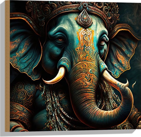 Hout - Blauw Ganesha Beeld met Gouden Details - 50x50 cm - 9 mm dik - Foto op Hout (Met Ophangsysteem)