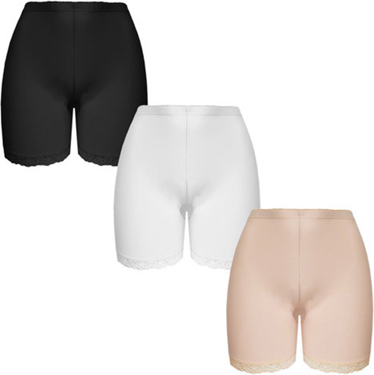 Dames Boxershorts/Fietsbroek - Lange Pijp - 3 Pack - Zwart/Wit/Beige - Maat XL