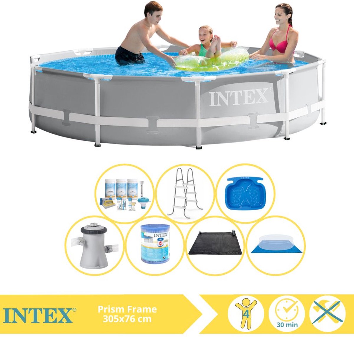 Intex Rond Prism Frame Zwembad - 366 x 76 cm - Grijs - Inclusief Pomp - Onderhoudspakket - Filter - Grondzeil - Solar Mat - Ladder - Voetenbad - 8-delig