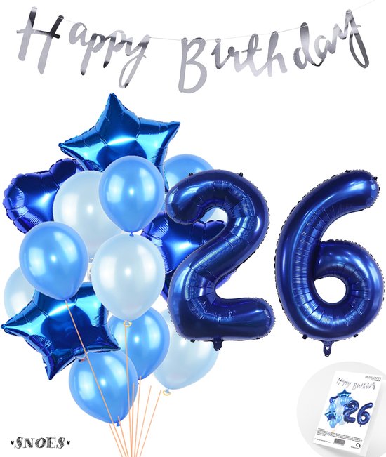 Snoes Ballonnen 26 Jaar Feestpakket – Versiering – Verjaardag Set Mason Blauw Cijferballon 26 Jaar - Heliumballon