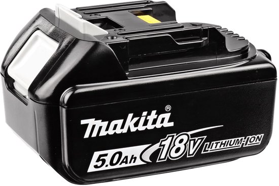 Zwarte Makita 18V 5.0Ah Li-ion accu met witte ontgrendelingsknop en tekst.