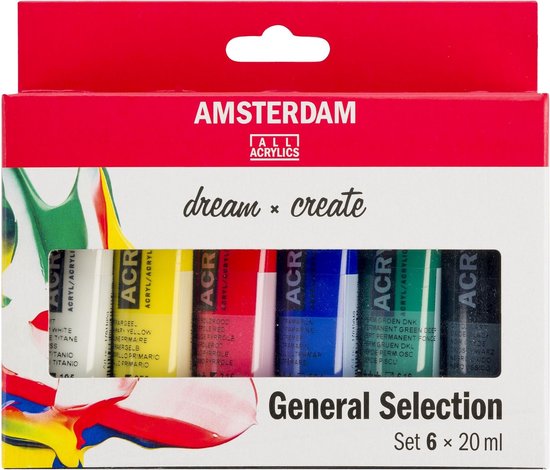 Ensemble de peinture acrylique Amsterdam General Selection de six tubes de 20 ml, avec une œuvre d'art d'éclaboussures de peinture verte, blanche, jaune, rouge et bleue.