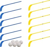 MDsport - Unihockeysticks - Floorballsticks - Crosses de hockey en plastique - Set de 12 + 6 balles - Enseignement secondaire - Blauw / Jaune