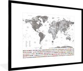 Affiche avec cadre Wereldkaart - Drapeau - Zwart - Wit - 80x60 cm