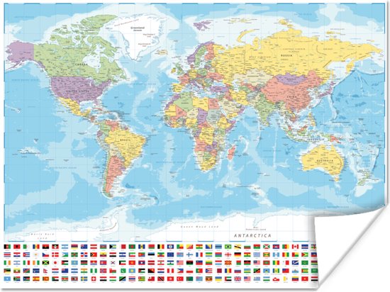 Poster Wereld - Kaart - Kleuren - Vlag - 80x60 cm