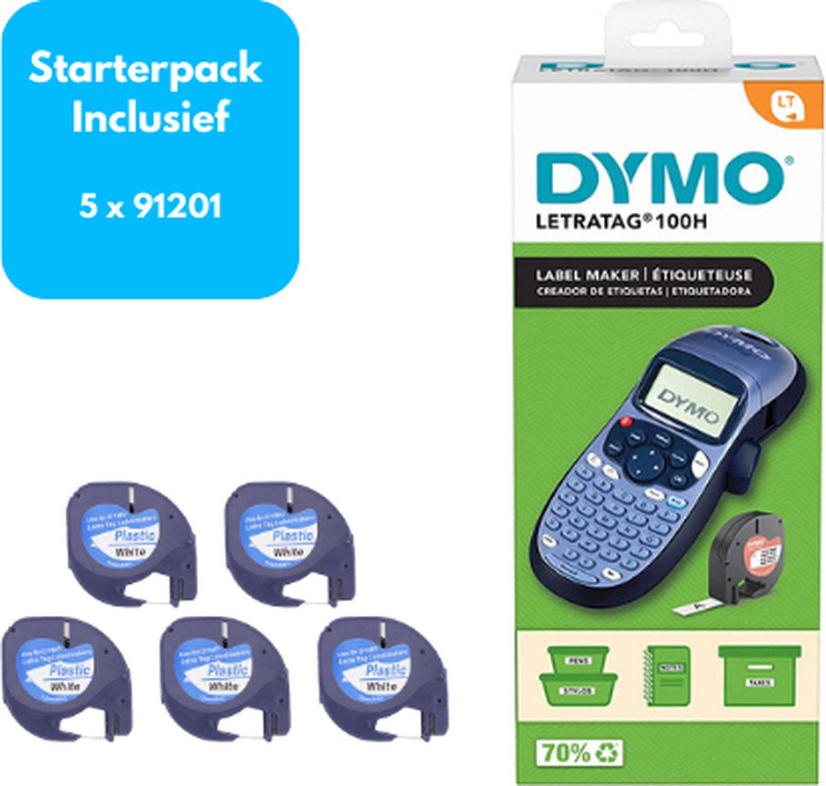 Dymo LT-100H - LetraTag - Labelprinter - Starterpack - Inclusief 5x 91201 zwart/wit Lettertape (Huismerk)