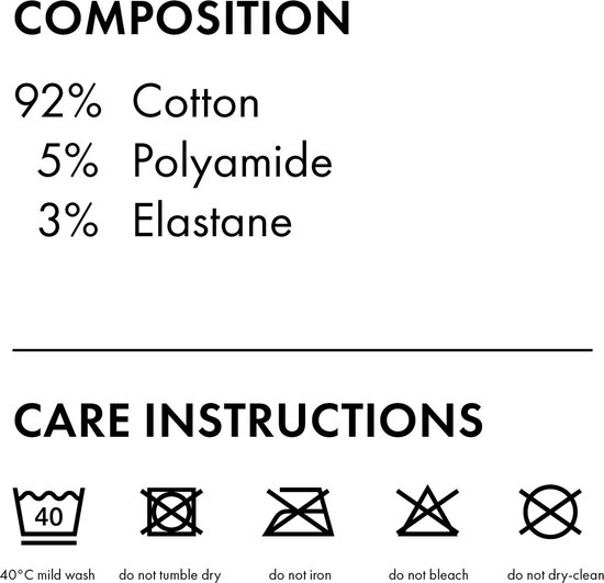 Composition : 92% coton, 5% polyamide, 3% élasthanne. Instructions d'entretien : Lavage doux 40°C, pas de sèche-linge, pas de repassage, pas de blanchiment, pas de nettoyage à sec.