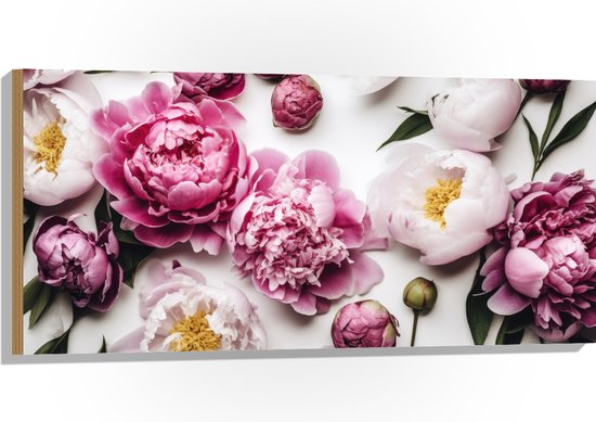Hout - Mix van Roze en Witte Bloemen op Witte Achtergrond - 100x50 cm - 9 mm dik - Foto op Hout (Met Ophangsysteem)
