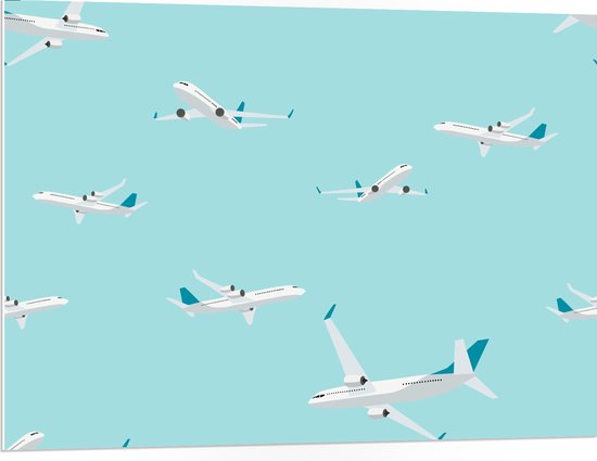 PVC Schuimplaat - Patroon van Wit met Blauwe Vliegtuigen op Lichtblauwe Achtergrond - 100x75 cm Foto op PVC Schuimplaat (Met Ophangsysteem)