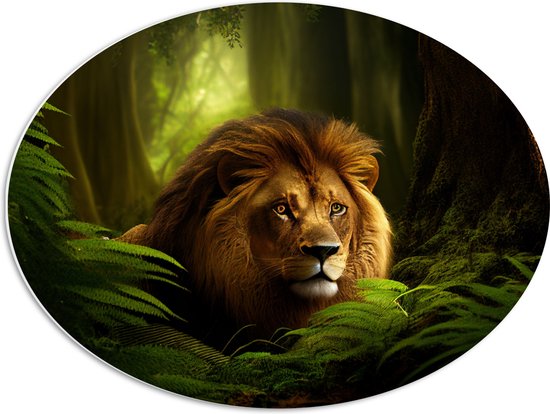 PVC Schuimplaat Ovaal - Leeuw tussen de Groene Bladeren in de Jungle - 68x51 cm Foto op Ovaal (Met Ophangsysteem)