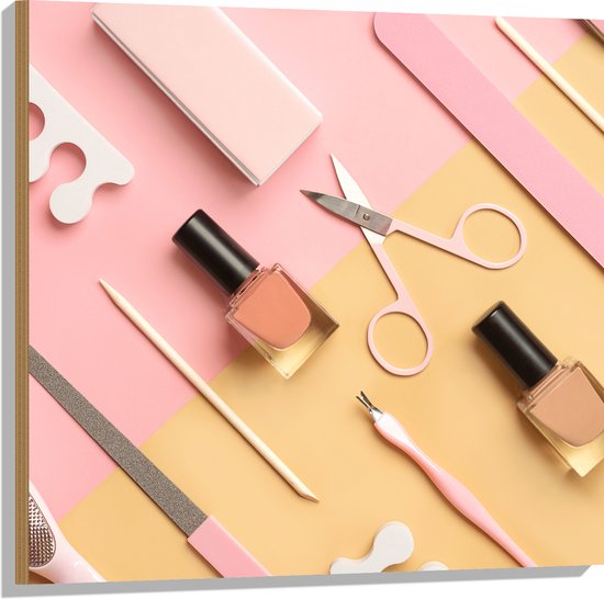 Hout - Patroon van Cosmetica Producten op Geel met Roze Oppervlak - 80x80 cm - 9 mm dik - Foto op Hout (Met Ophangsysteem)