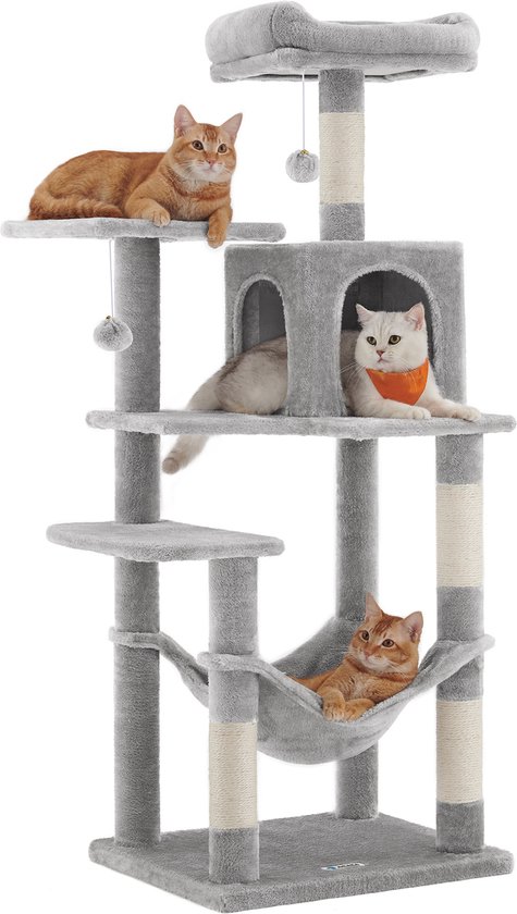 Acaza - Krabpaal - Krabpaal voor Grote Katten - Kattenboom met Hangmat - Kattenpaal - 143 cm - Lichtgrijs cadeau geven