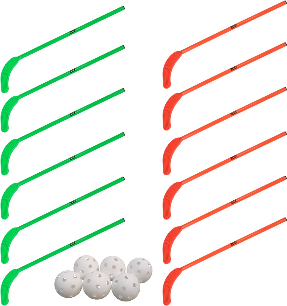 MDsport - Unihockey sticks - Kort - Floorball sticks - Kunststof hockeysticks - Set van 12 + 6 ballen - Basis onderwijs - Groen / Rood