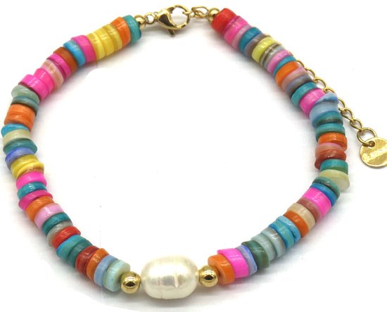 Bracelet Femme - Perles et Perle - Acier Inoxydable - Longueur 16-19 cm - Multicolore