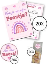 Invitation fête enfant Complete - Set discount 60 pièces : 20 cartons d'invitation + 20 pochettes + 20 stickers - anniversaire - Pink Rainbow
