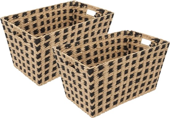 5Five Rieten opbergmand - 2x - gevlochten - beige/zwart - 55 x 35 x 30 cm - Kast-/badkamer mandjes