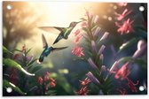 Tuinposter – Kolibries Vliegend bij Roze Plantgjes - 60x40 cm Foto op Tuinposter (wanddecoratie voor buiten en binnen)