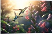 Acrylglas - Kolibries Vliegend bij Roze Plantgjes - 60x40 cm Foto op Acrylglas (Wanddecoratie op Acrylaat)