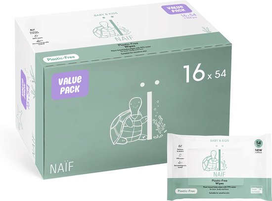 Naïf Plasticvrije Billendoekjes - Voordeelverpakking - 16 x 54 doekjes - met Natuurlijke Ingrediënten