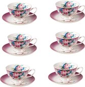 HAES DECO - Set de 6 tasses et soucoupes - contenance 200 ml - coloris Rose / Violet / Wit - Porcelaine Imprimée Fleurs - Service à thé, Service à café, Tasses à thé, Tasses à café, Cappuccino