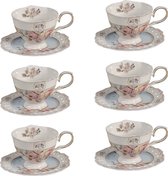 HAES DECO - Kop en Schotel set van 6 - inhoud 200 ml - kleuren Wit / Roze / Blauw - Bedrukt Porselein met Bloemen - Theeservies, Koffieservies, Theekoppen, Koffiekoppen, Cappuccino