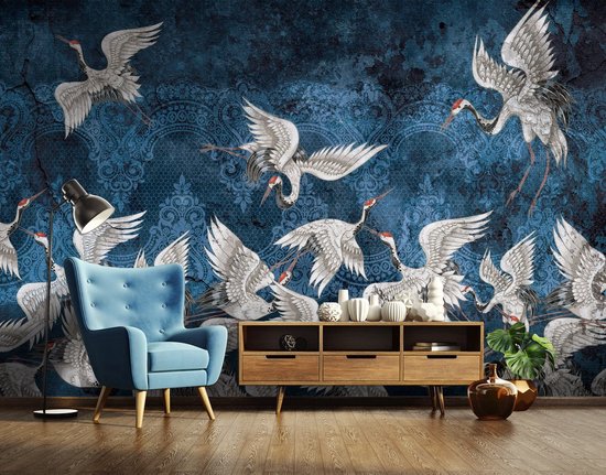 Fotobehang - Vinyl Behang - Kraanvogels - Kunst - Marineblauw - 152,5 x 104 cm