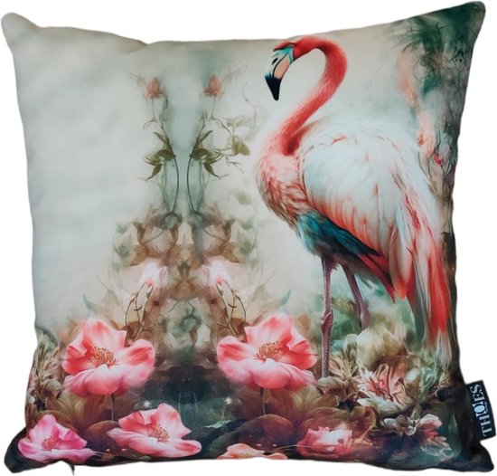 THOESmetMarga - Flamingo sierkussen - 43x43cm - Vogels - Multicolor - Interieur - Buitenruimte