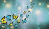 Fotobehang - Vlies Behang - Sprankelende Vlinders en Sterren - Blauw - 416 x 254 cm
