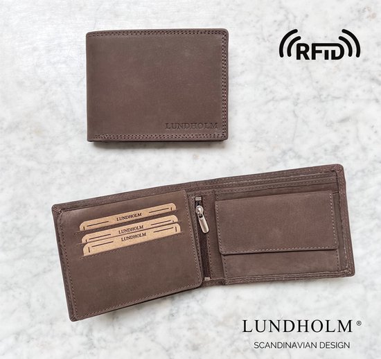 Lundholm Leren portemonnee heren bruin taupe compact model met safety rits achter - RFID bescherming - topkwaliteit portefeuille heren taupe - mannen cadeautjes