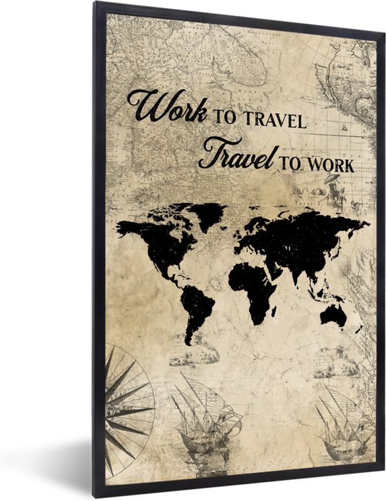 Affiche encadrée - Wereldkaart - Vintage - Citations - Marron - Cadre photo - Décoration murale - Poster - Chambre - Cadre - 20x30 cm - Décoration de chambre - Image sous cadre - Décoration murale - Cadre affiche