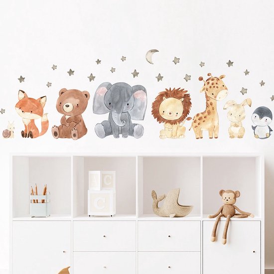 Muursticker Chambre d'Enfant - Chambre de bébé - Animaux de Bande Dessinée - Aquarelle - 130x43cm - Garçon - Fille