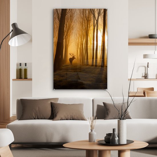 Vitrail - Cerf - Coucher de soleil - Forêt - Animaux - Nature - Peinture sur verre - 60x90 cm - Photo sur verre