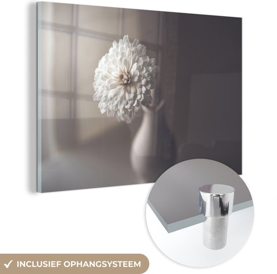 Glasschilderij - Bloemen - Vaas - Chrysant - Pastel - Schilderij glas - 90x60 cm - Wanddecoratie - Foto op glas - Glazen plaat