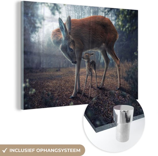 Glasschilderij - Dieren - Hert - Landschap - Bladeren - Boom - Schilderij glas - 30x20 cm - Muurdecoratie - Foto op glas