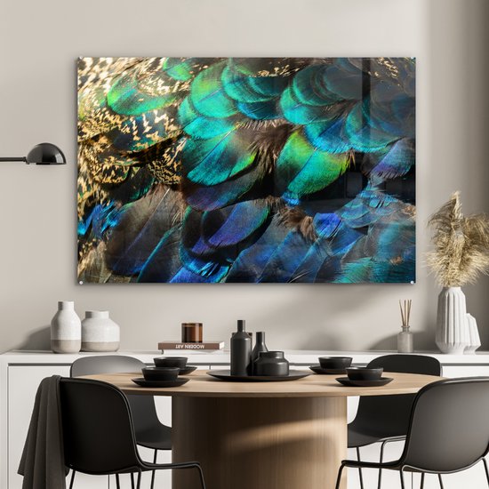 Glasschilderij - Foto op glas - Schilderij glas - Slaapkamer - Woondecoratie - Veren - Pauwveren - Pauw - Blauw - Kunst - Muurdecoratie - Woonkamer decoratie - 120x80 cm - Glasplaat