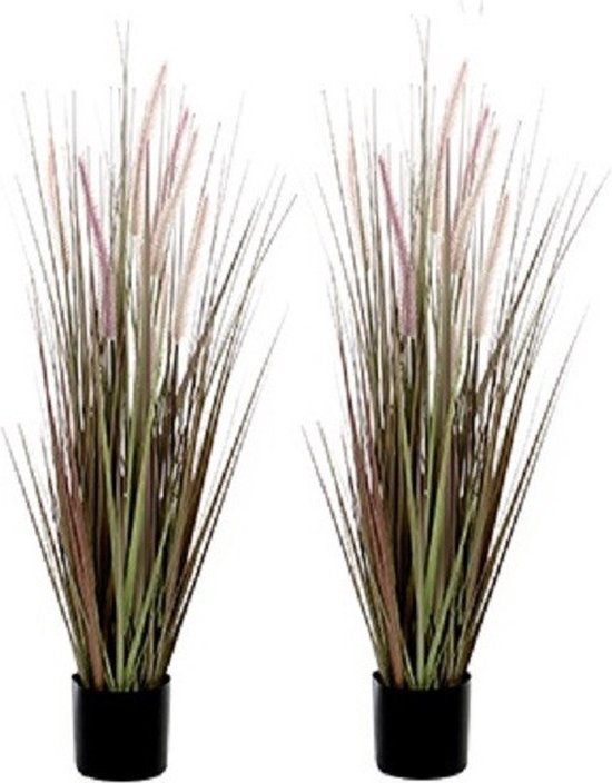 2x Paarse Dogtail/siergras kunstplanten 90 cm in zwarte pot - Kunstplanten/nepplanten
