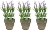 3x Groene/lilapaarse Lavandula/lavendel kunstplanten 25 cm in grijze betonlook pot - Kunstplanten/nepplanten