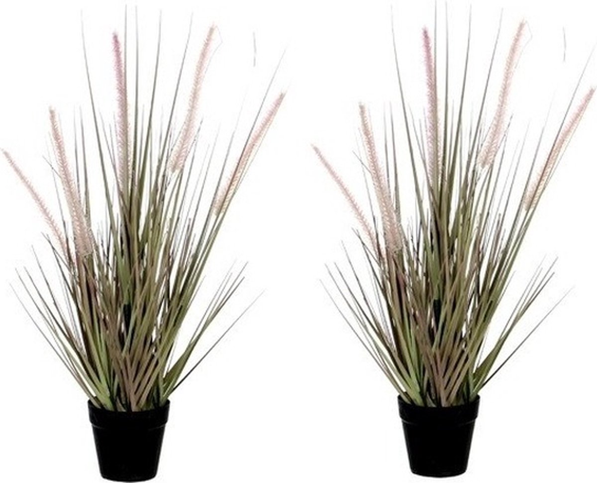 Mica Decorations Groene Dogtail/siergras kunstplant 53 cm in zwarte pot - 2x - Kunstplanten/nepplanten