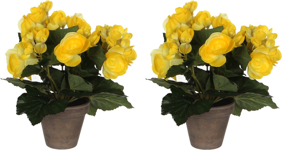 Mica Decorations Mica Decoration Kunstplant - 3x stuks - begonia - geel - in pot - 25 cm - nepplanten
