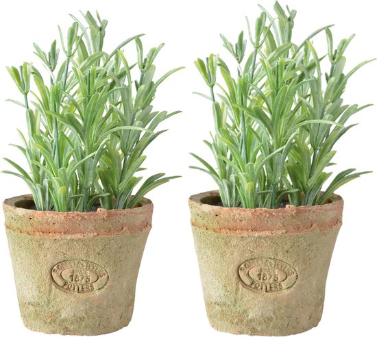 2x stuks kunstplanten rozemarijn kruiden in terracotta pot 16 cm - Kunstplanten/nepplanten