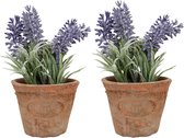 2x stuks kunstplanten lavendel in terracotta pot 15 cm - Kunstplanten/nepplanten