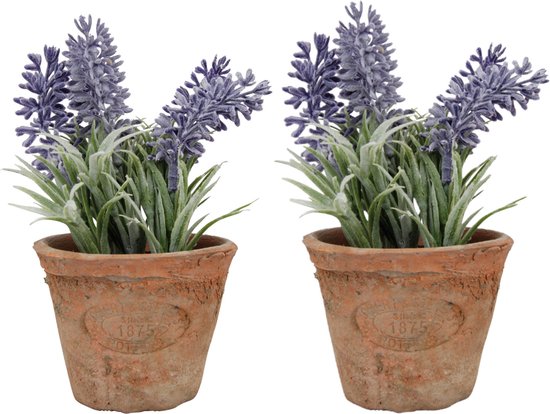 2x stuks kunstplanten lavendel in terracotta pot 15 cm - Kunstplanten/nepplanten
